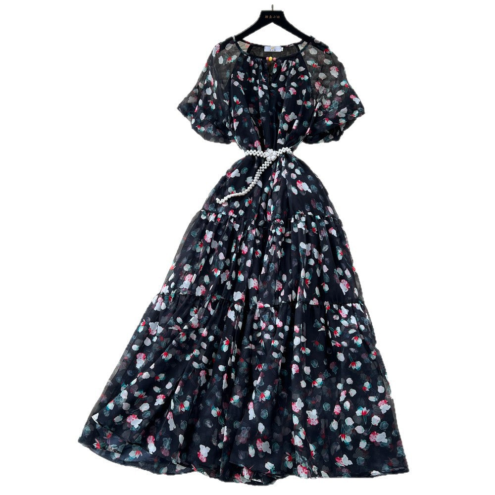 French chic v-neck floral dress - women's summer korean style short sleeve slimming a-line maxi dress - vacation ready