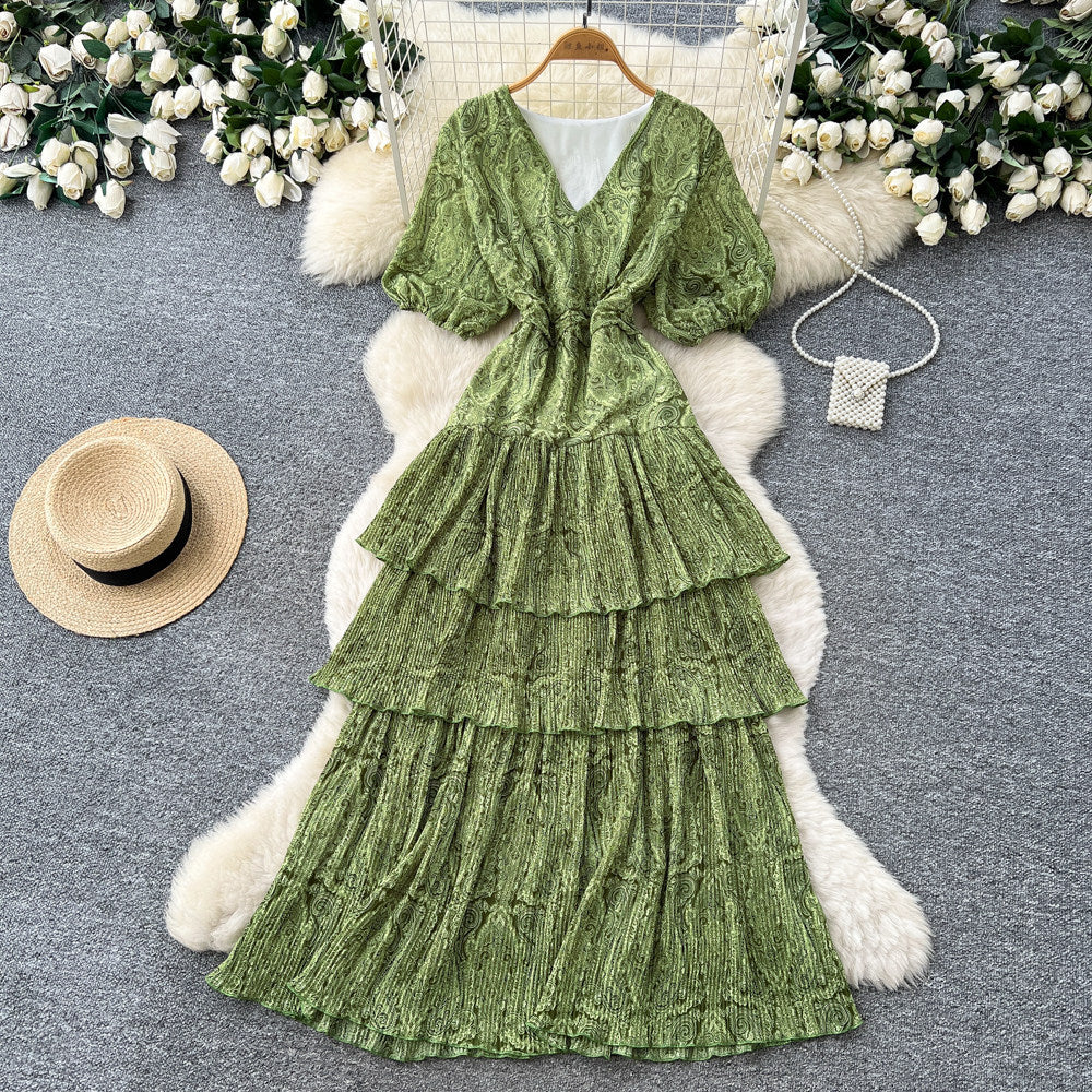 Frenchv neck green pleated dress women's summer k-style waist slimming look a-line cake long skirt dopamine style