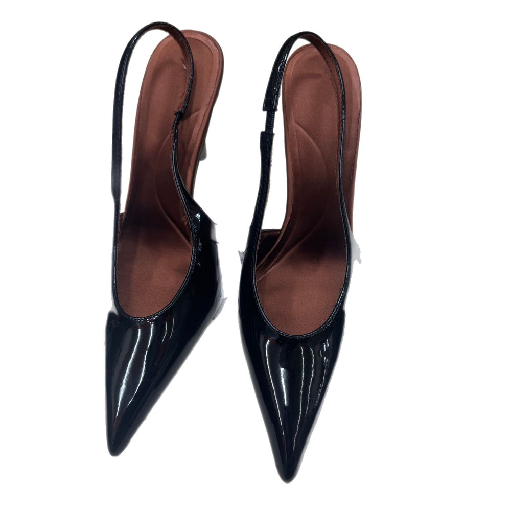 Spanish 2026 spring fashion professional pumps - patent leather effect pointed toe hollow-out stiletto heel sandals