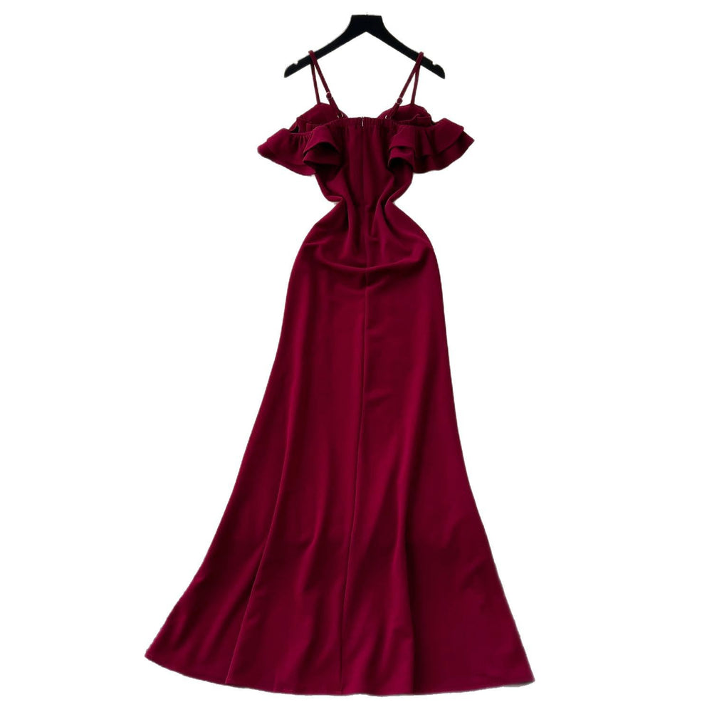Luxury evening gown for women - french design, off-the-shoulder, spaghetti strap, mesh paneling, cinched waist, and slit dress