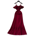 Luxury evening gown for women - french design, off-the-shoulder, spaghetti strap, mesh paneling, cinched waist, and slit dress