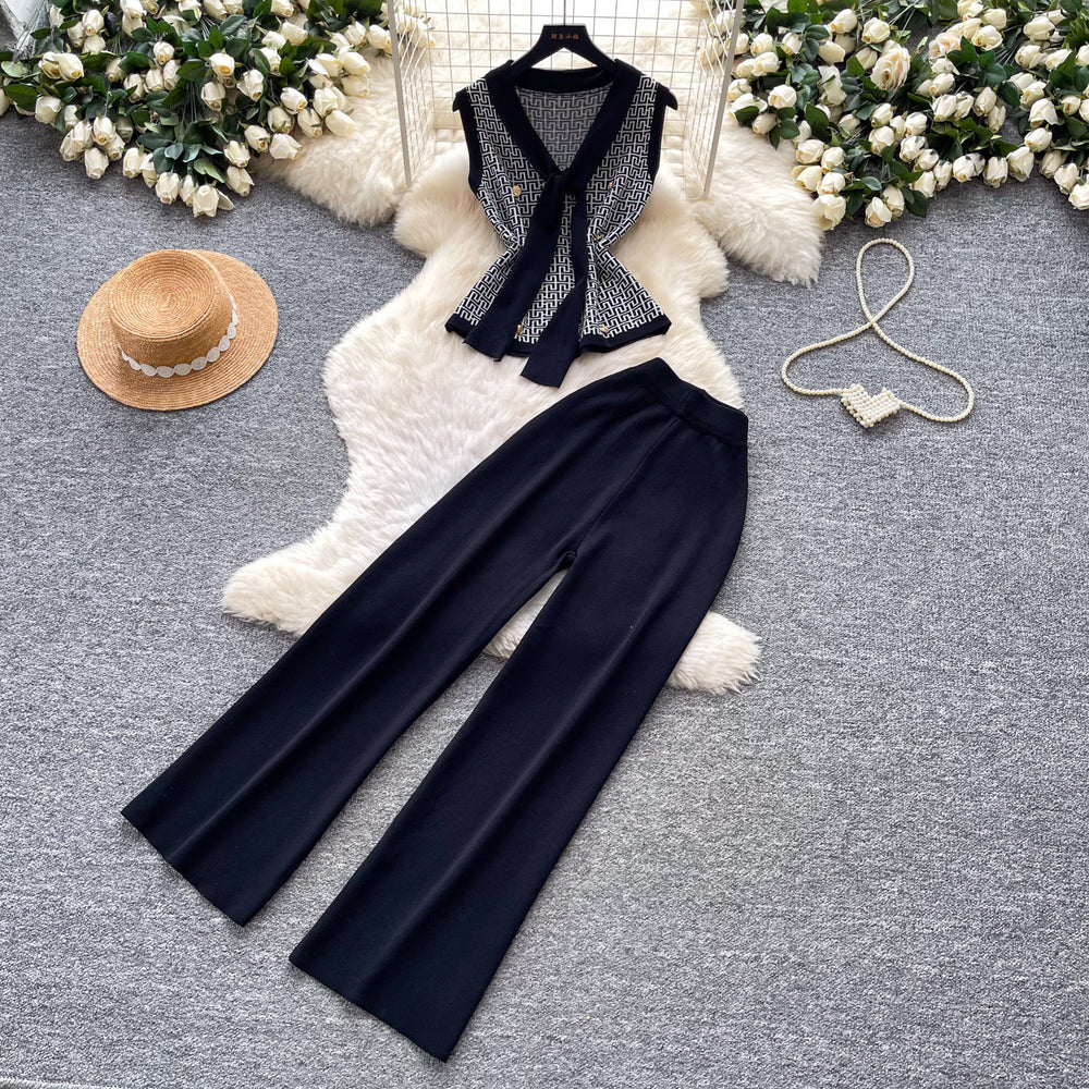 Korean style commute v-neck tank top & wide leg pants two-piece set - women's summer slimming, figure-flattering, high-end fashion outfit