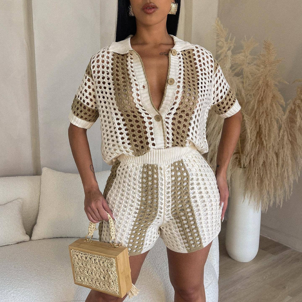 Amazon  hot selling european and american women's clothing sexy women's cut out see-through lapel knitting shorts suit