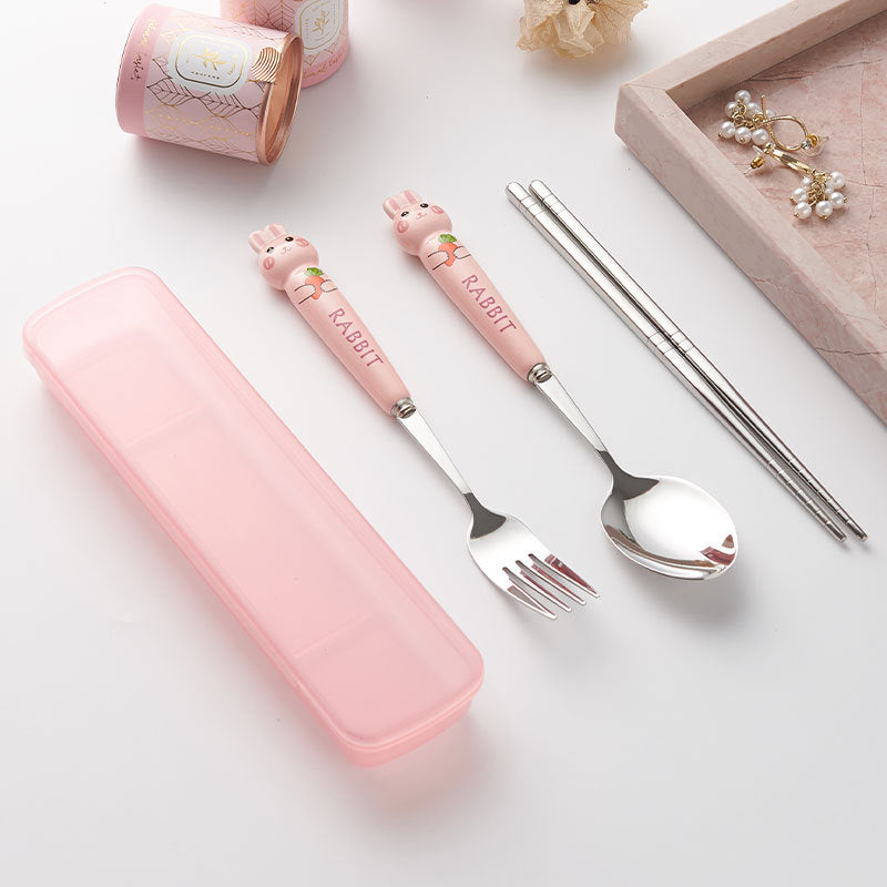 Cartoon rabbit portable cutlery set - 3-piece stainless steel spoon and chopsticks with ceramic handle