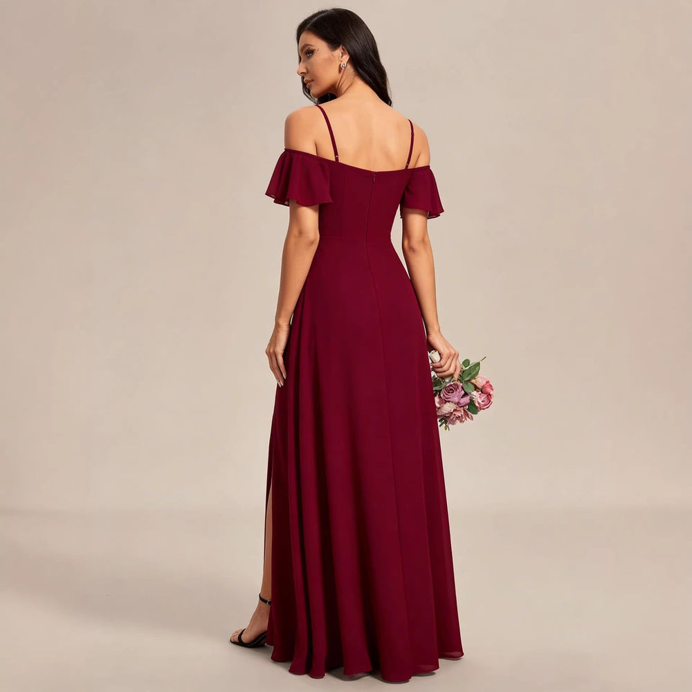 European and american style off-the-shoulder ruffle chiffon maxi dress - women's wedding french dress - high-quality, luxurious evening gown