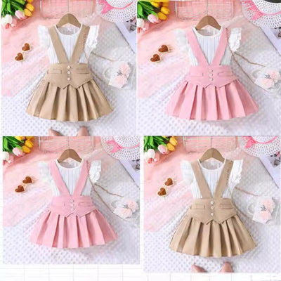 new european and american style overalls dress two-piece set: fashionable and cute baby girl overalls dress + flutter sleeve two-piece set