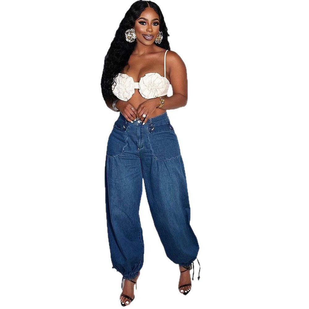 European and american style women's jeans -  cross-border fashion: versatile wide-leg casual pants with side zipper detail