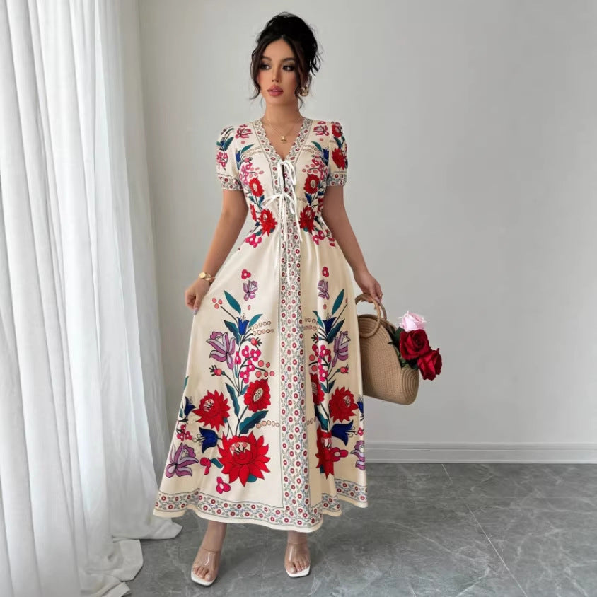 Short-sleeved long skirt fixed printingdress women's summer slimming look suit retro collar palace style waist niche styledress