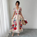Short-sleeved long skirt fixed printingdress women's summer slimming look suit retro collar palace style waist niche styledress