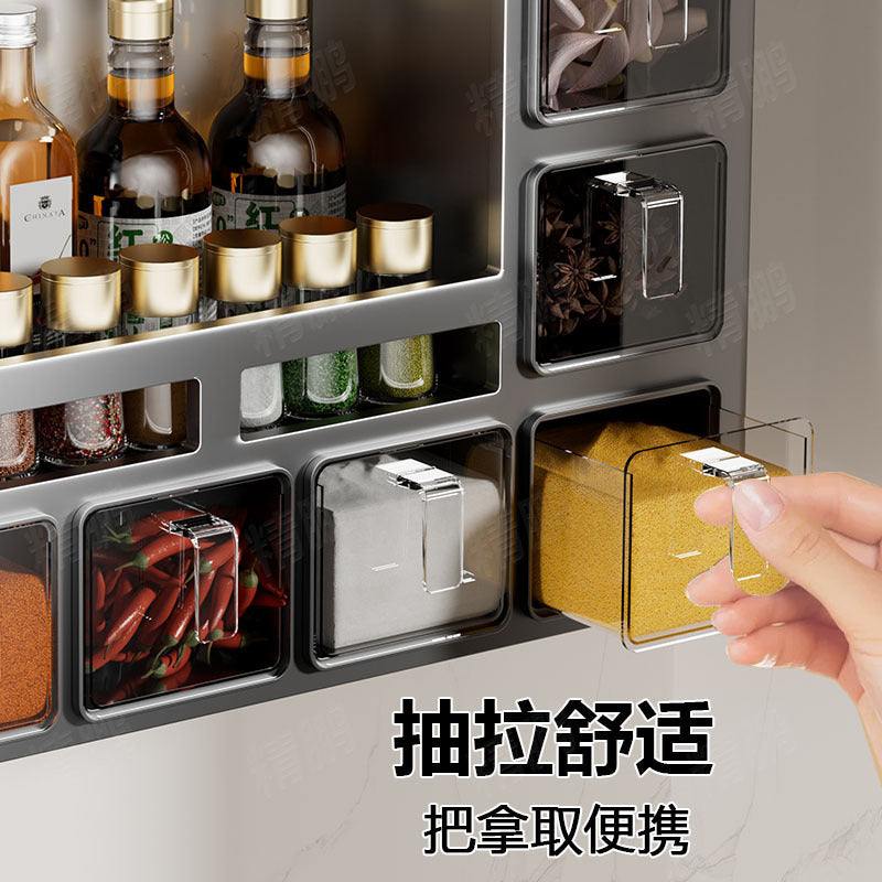 No punching kitchen seasoning rack multi-functional wall-mounted household oil, salt, sauce and vinegar storage box seasoning jar
