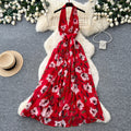 Pure desire style red printinghalterdress women's summer waist slimmingelegantelegancea-line elegant long skirt