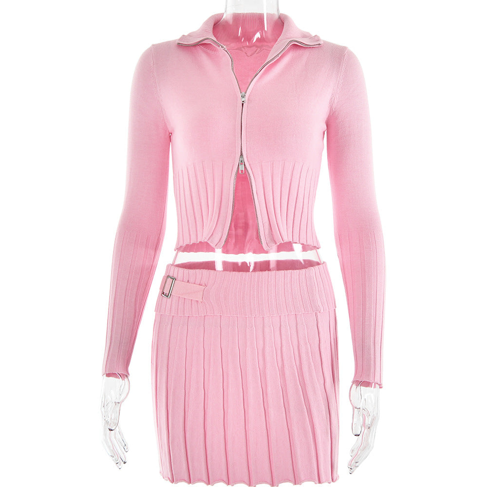 European and American  autumn and winter knitted new cardigan long-sleeved two-piece set women's fashion sexy pleated skirt short skirt set