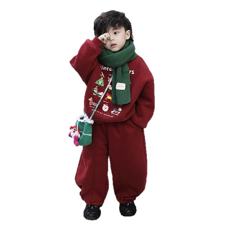 Boys'  hoodie set - autumn/winter outfit for older kids, two-piece set, children's winter fleece-lined korean style premium look