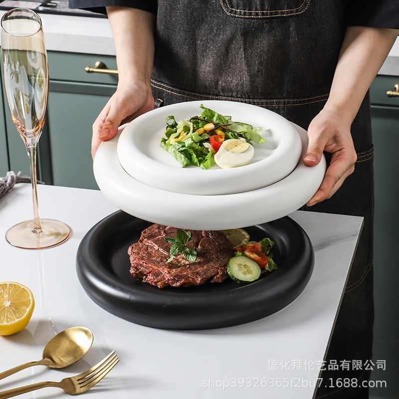 European-style matte large pasta plate, creative hotel restaurant dessert plate, steak plate, thick-rimmed black and white ceramic plate