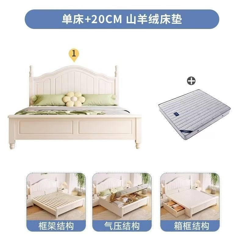 Nordic white cream solid wood bed - modern minimalist 1.8m double bed for master bedroom, 1.2m single bed with storage, wedding bed