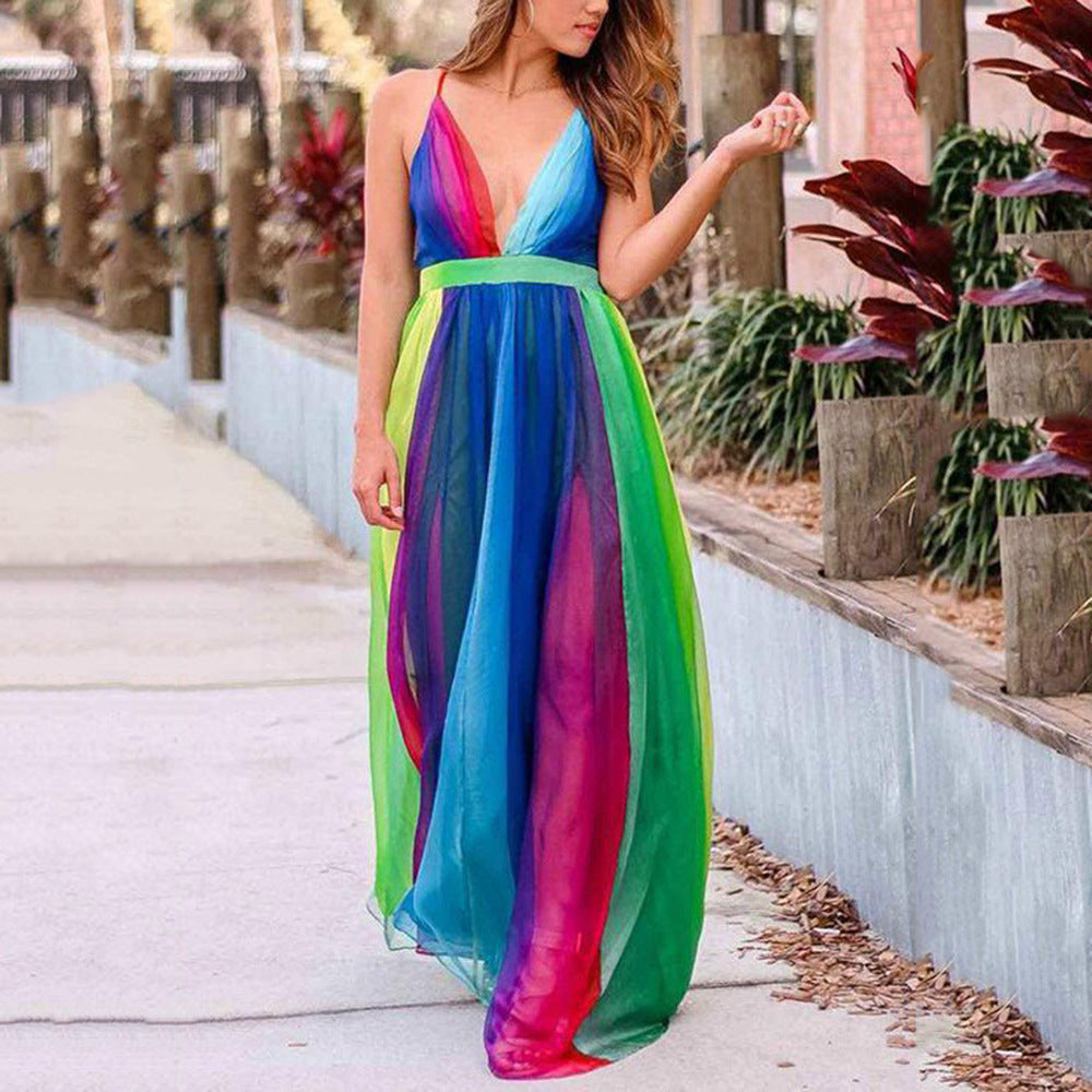 2025 new spring/summer cross-border fashion women's long dress - sexy deep v rainbow mesh suspender dress
