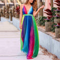 2025 new spring/summer cross-border fashion women's long dress - sexy deep v rainbow mesh suspender dress