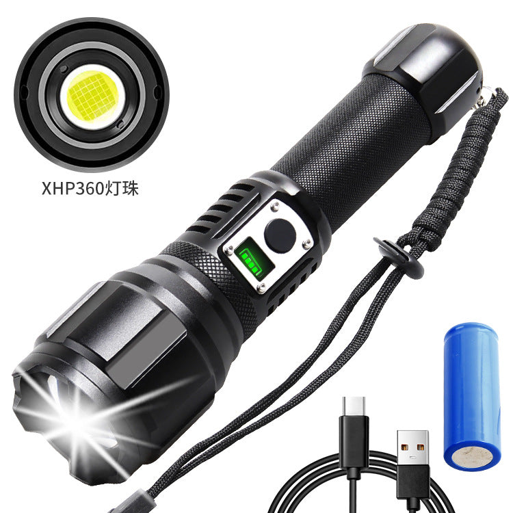 Cross-border new HXP360 strong light zoom power display Type-c port output 160 multi-function LED flashlight