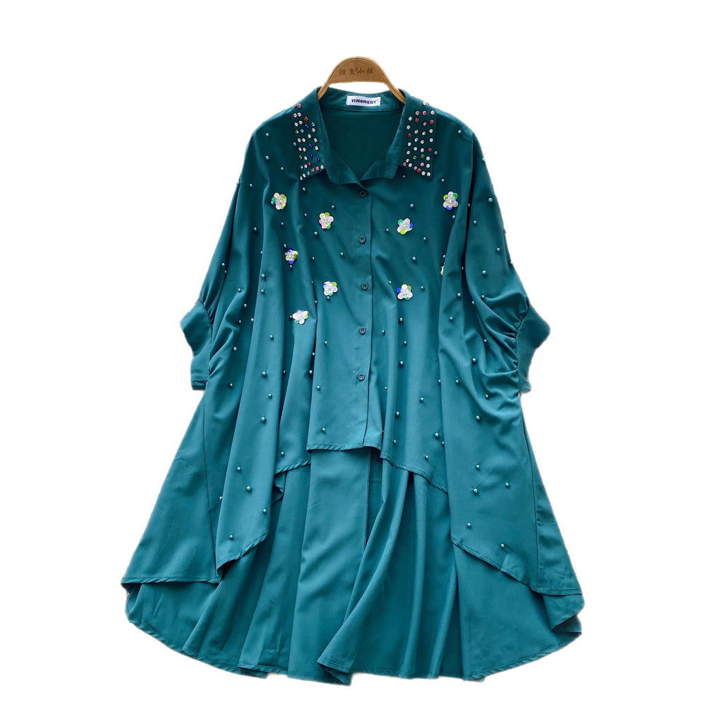 Fashionfashionable heavy industry beading stereo flower shirt women's sense of design asymmetrical loose bat sleeve tops
