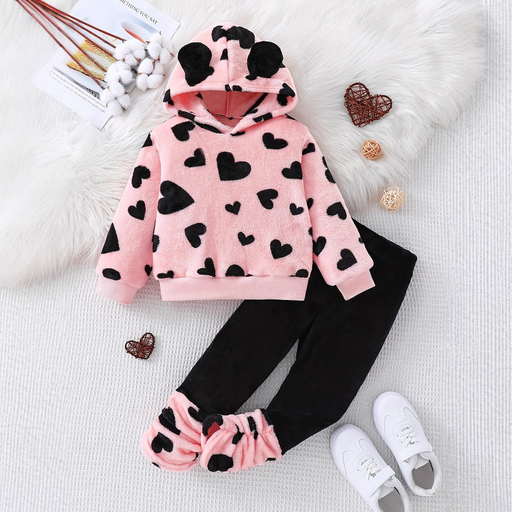 Girls' fall/winter round neck sweatshirt two-piece set: pink fleece pants with heart print hoodie - perfect for loungewear