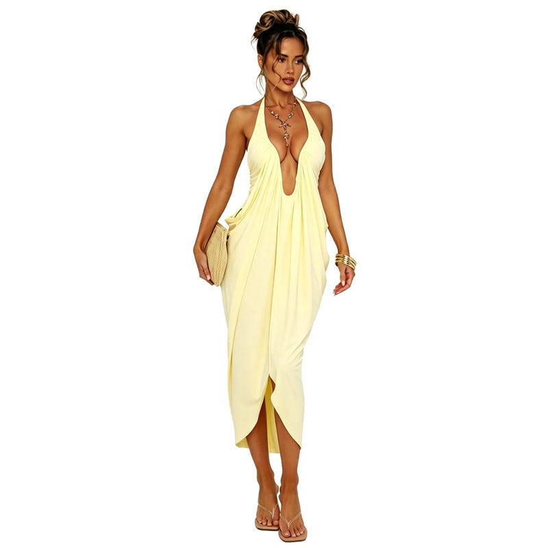 European and american export women's clothing  summer new style halter neck tie deep v-neck sexy shirred backless draped dress