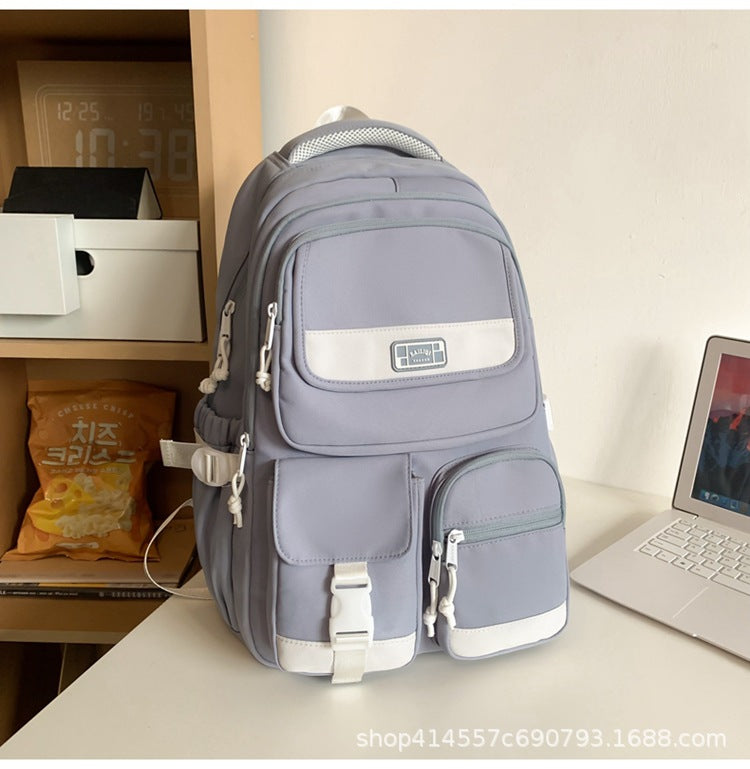 Backpack with multiple flap pocket pants design, junior high school student school bag, travel couple, large capacity, wear-resistant and dirt-resistant, campus style
