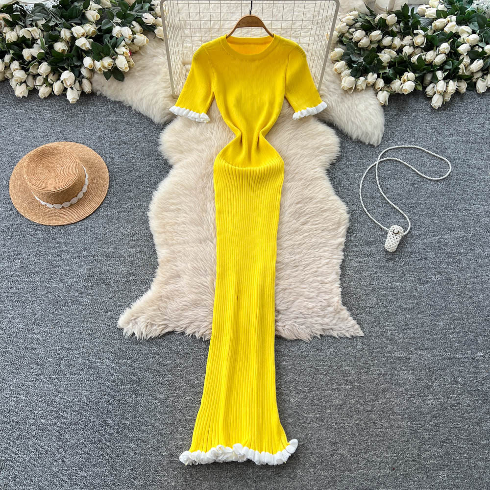 K-styleknitting round neck short sleeve dress women's summer slim slimming look waist bag hip long skirt work clothingaccessible luxury style