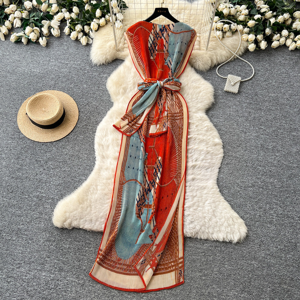 New chinese style printed pleated dress - women's summer new arrival: sleeveless, high-waisted, slim-fit, figure-flattering maxi dress with elegant flair