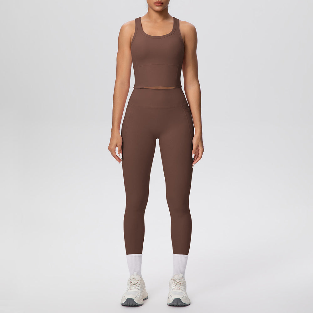 New arrival: cross-border double-sided brushed solid color breathable pocket long yoga outfit set - two-piece activewear for running and fitness