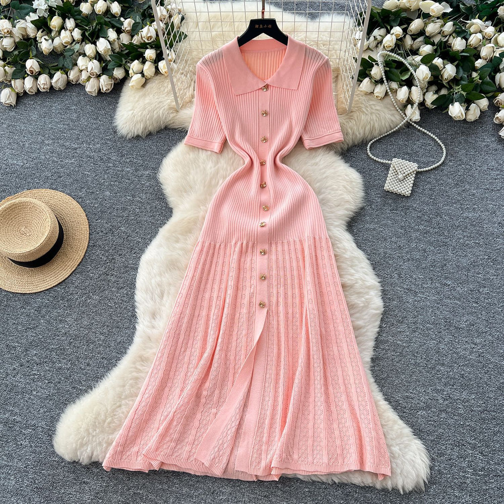 Frenchretropolo collar short-sleeved metal button silmslimming lookdress women's classy sense waist knitting long skirt