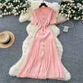 Frenchretropolo collar short-sleeved metal button silmslimming lookdress women's classy sense waist knitting long skirt