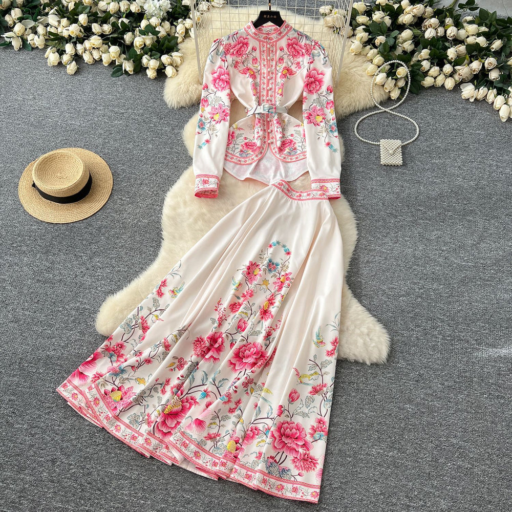 Palace style suit skirt for women new arrivalfrench waist puff sleeve printingtopshigh waist large hem long skirt