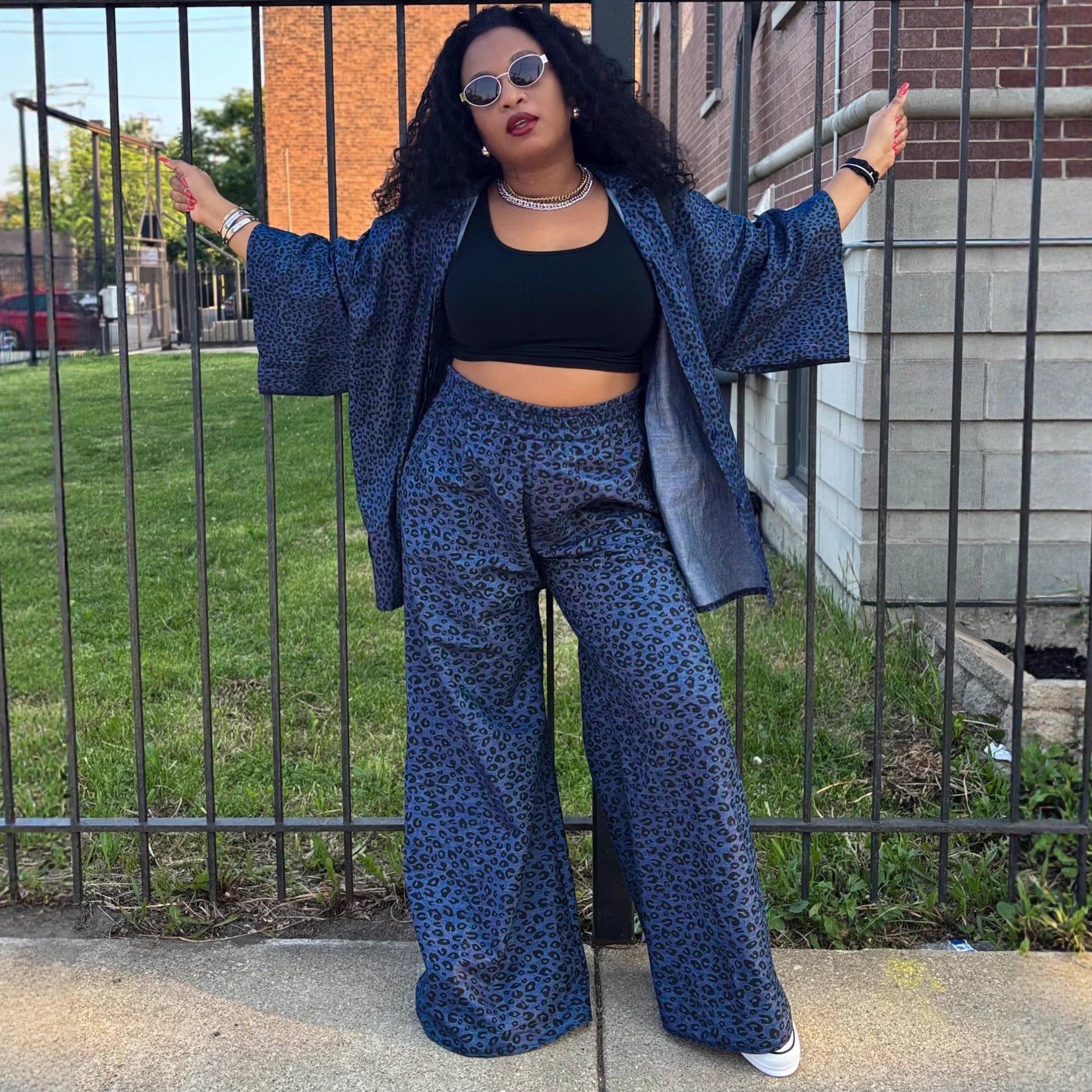 European and American large-size casual women's clothing set cardigan leopard print shirt wide-leg trousers African loose new two-piece set women
