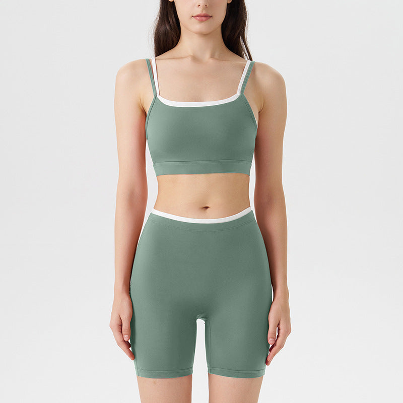 new arrivalfake two-piececontrast color white striped suspender running sports intimates bra three-quarter shorts yoga suit