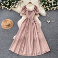 French square neck puff sleeve striped dress - women's summer korean style a-line midi dress for date night