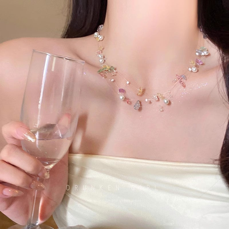 Colorful beaded pearl necklace for women - summer dopamine jewelry stackable choker accessory - high-end clavicle chain for beach vacation