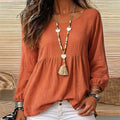 Export holiday style doll textured linen round neck cuff long sleeves pleated hem loose pullover shirt