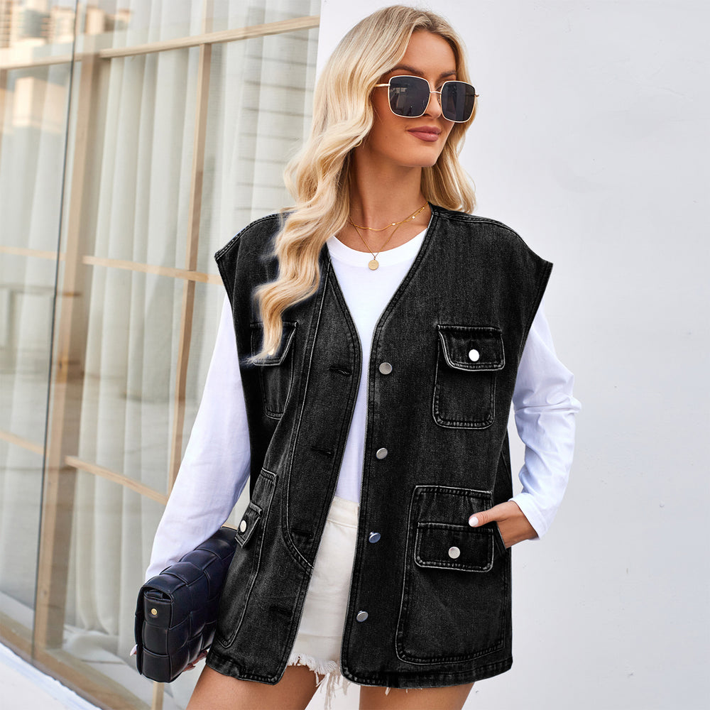 Fashion cross-border foreign trade women's clothing independent station  new style washed multi-pocket stylish denim vest waistcoat trendy