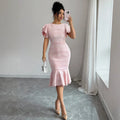 new arrival tweed style dark gray tweed short sleeve dress round neck contrast color button fishtail skirt short skirt