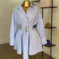 European and american cross-border women's fashion:  summer new collection - stylish, designer tie-strap blue striped long-sleeve shirt dress