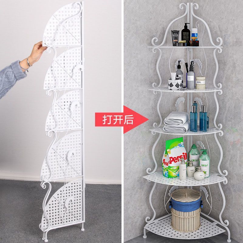 【foldable & no assembly】wrought iron bathroom corner shelf - freestanding organizer for bathroom, toilet, and kitchen