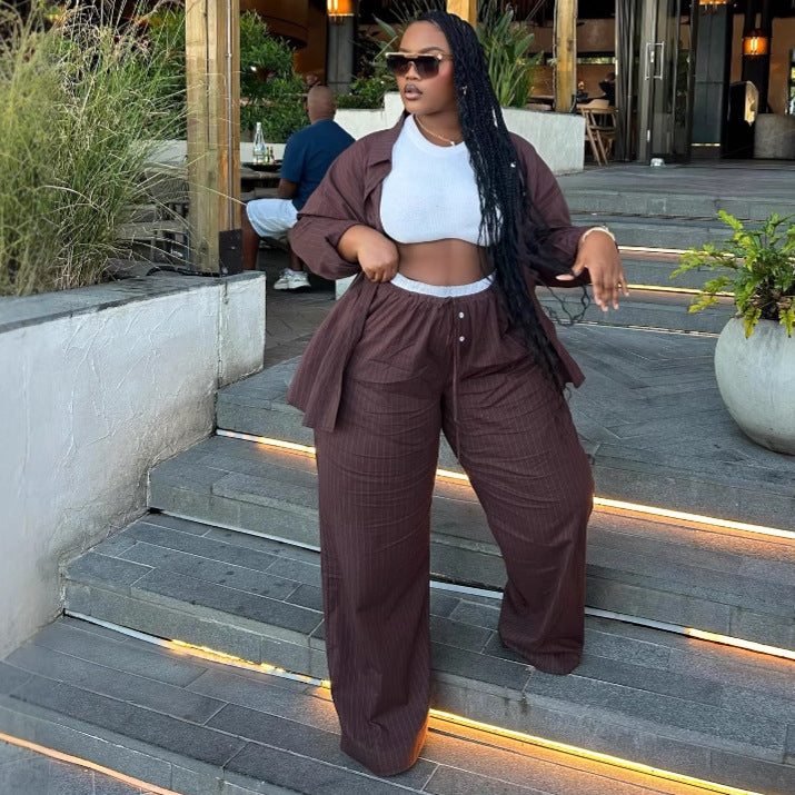 European and American large size casual high waist striped long-sleeved cardigan shirt trousers African foreign style women's loose two-piece set women
