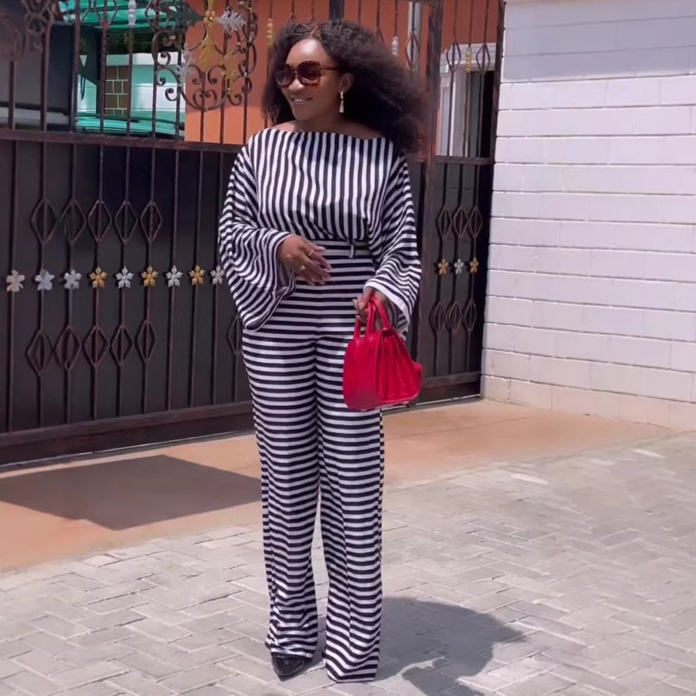 European and american cross-border african women's clothing  summer new fashion striped long sleeve top and high-waisted pants casual set