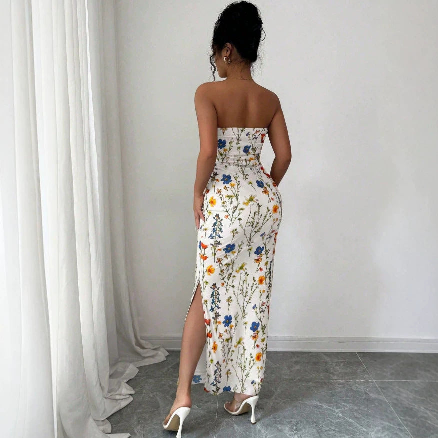 new european and american  cross-border summer export v-neck french print slimming a-line maxi dress