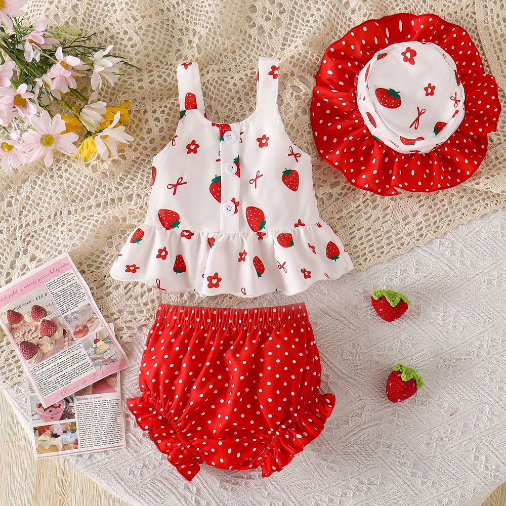 Children's clothing shein cross-border girl suit suspender tops+shorts+hat suit