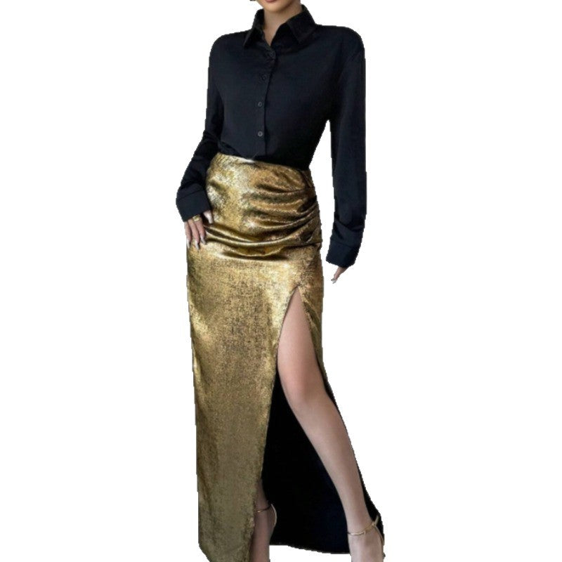 Women's two-piece set: long-sleeve button-down shirt and metallic high-waisted slit maxi skirt outfit, perfect for a night out