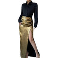 Women's two-piece set: long-sleeve button-down shirt and metallic high-waisted slit maxi skirt outfit, perfect for a night out