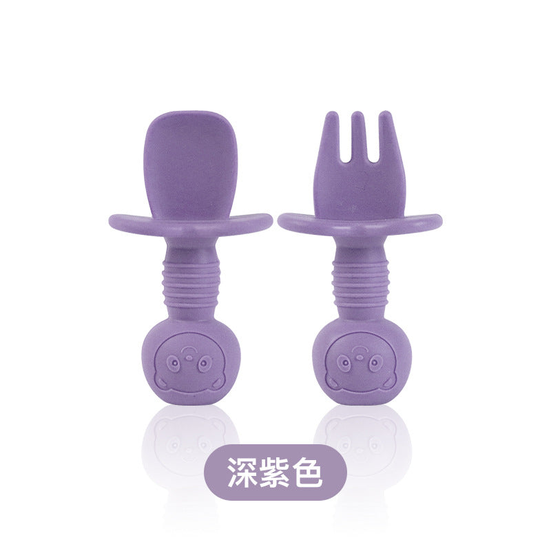 Food grade silicone fork and spoon baby learning to eat training licking spoon short handle silicone complementary food spoon mini baby soft spoon