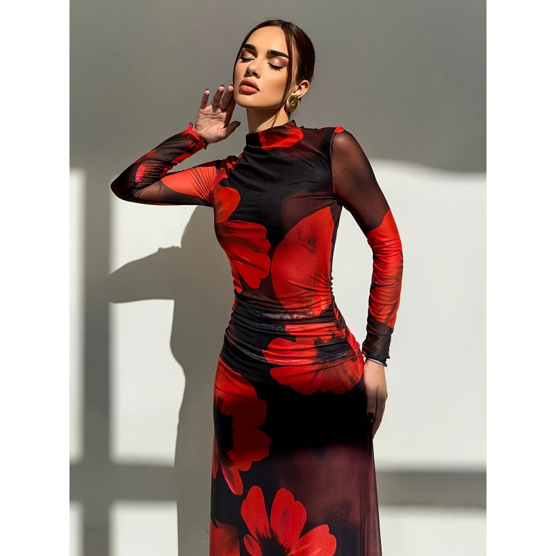 Aliexpress 1688 independent station in stock red tie-dye mesh printinglong women's dress