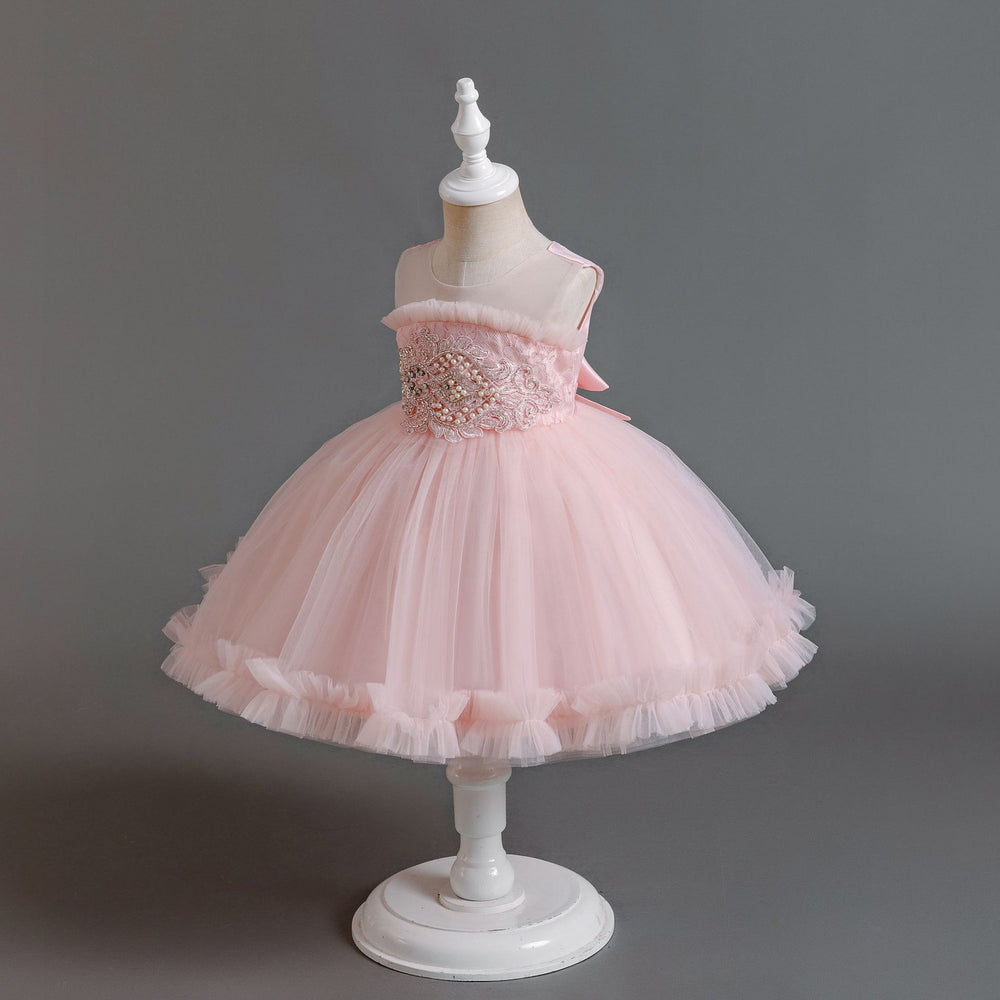 Ready-to-ship new children's formal dress: pearl-embellished tulle princess gown for baby girls, perfect for first birthday photoshoots and special occasions. kids dress